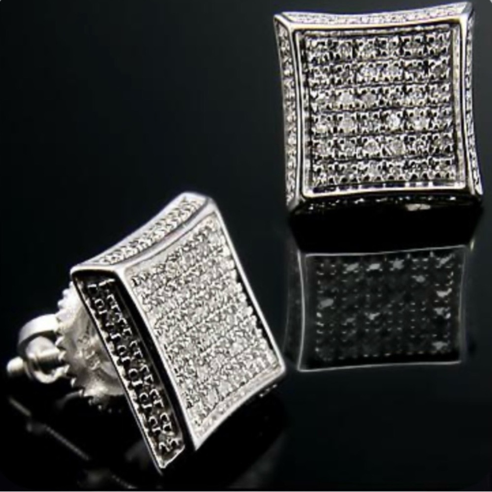 Pavé Men's Stud Earrings 14K White Gold Over Solid Sterling Silver with
Diamonds
